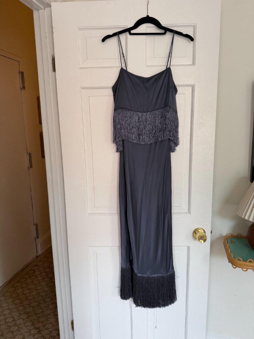 Cinq à Sept Eastwood Fringe Silk-Satin Midi Dress Square Neck Navy Blue - Picture 4 of 6